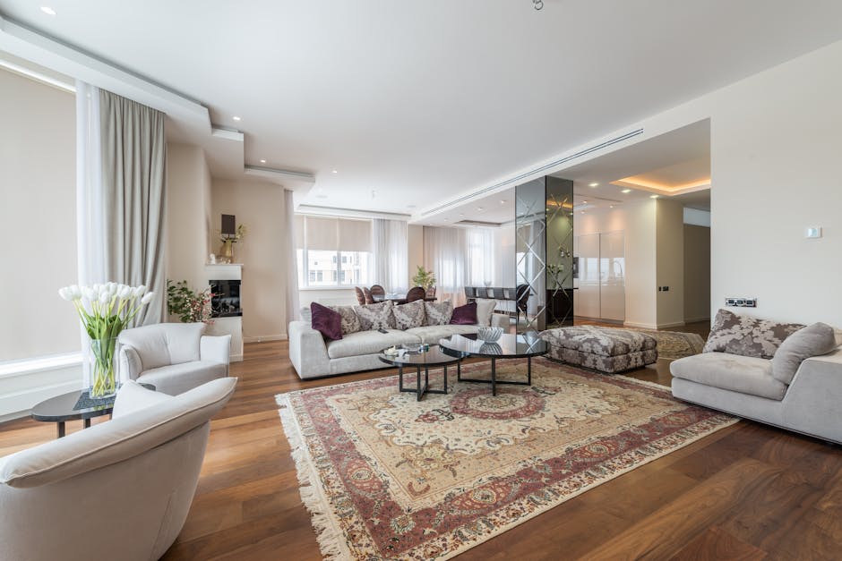A modern, minimally decorated living room with a light grey fabric sofa and two cushions, positioned on a textured beige carpet. The room features a sleek black flat-screen TV mounted on a white wall